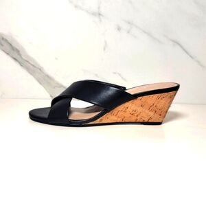 Charles David | Cork Wedge Black leather Cris Cross open toe Slip-on shoes 7.5